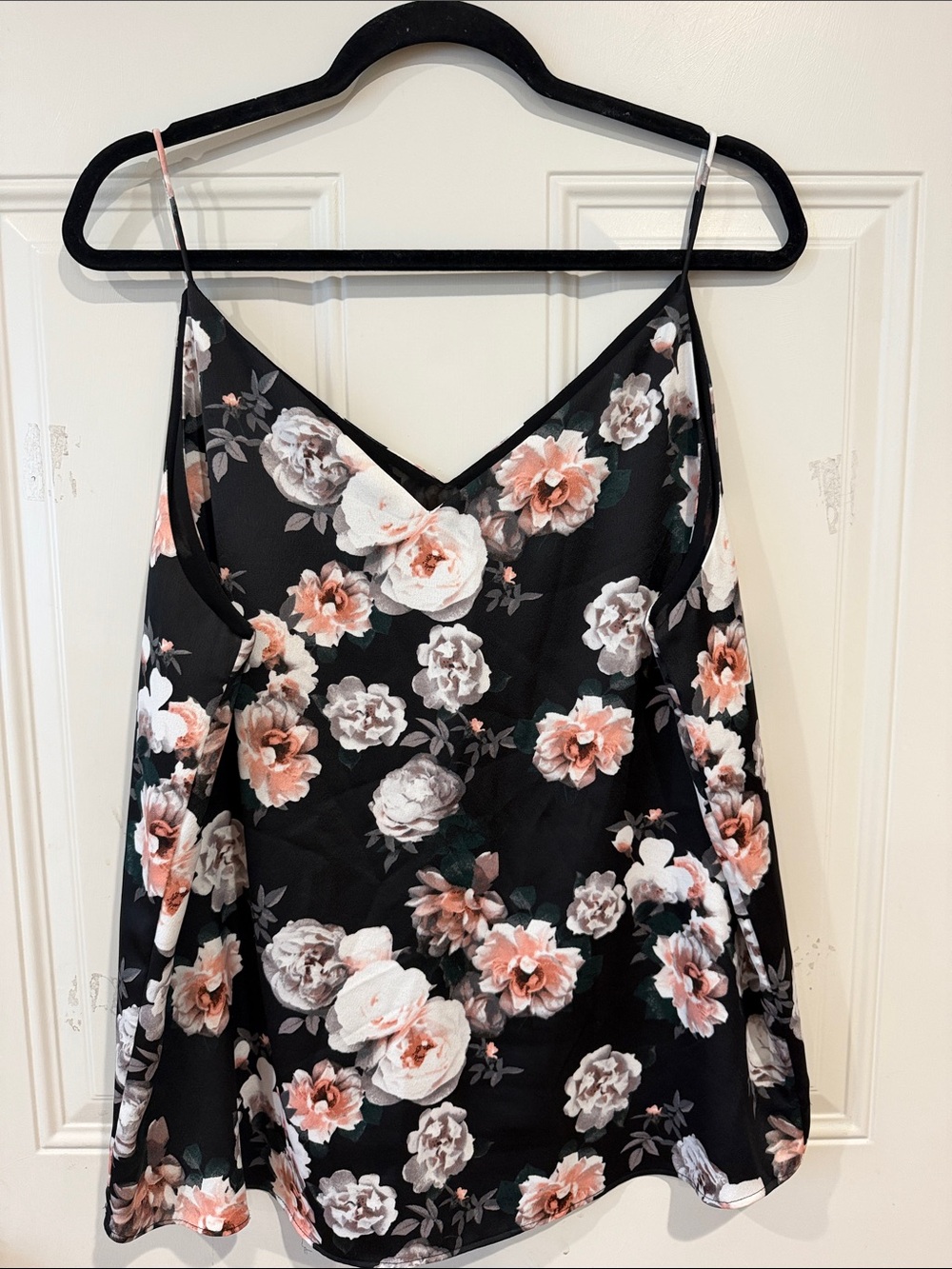 Calvin Klein Black Floral Satin V-Neck Cami with Pink and Cream Blooms